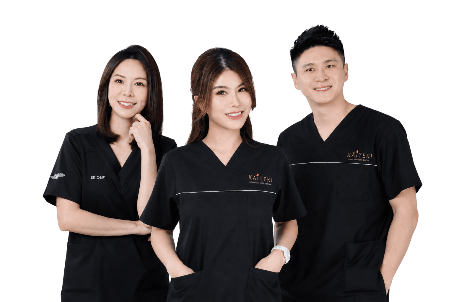 Three Kaiteki doctors, Dr Chew, Dr Jessie and Dr Yeong Bin, in black clinic scrubs