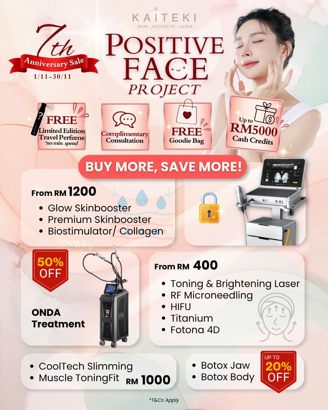 Kaiteki Positive Face Project anniversary additional packages: Buy More Save More, ONDA, lasers, slimming and Botox offers